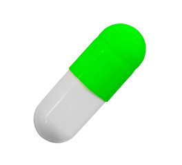 a gelatin capsule with a green cap isolated on white background, top view