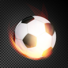 Naklejka premium Football Ball In Fire Vector Realistic. Burning Football Soccer Ball. Transparent Background