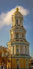 Fototapeta na wymiar Ukrainian landmark, Lavra bell tower cathedral. Great Lavra Bell Tower or the Great Belfry. Kiev, Ukraine. Panoramic