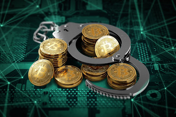 Bitcoin in handcuffs as more banking institution wants ban for BTC concept. 3D rendering