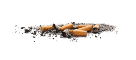 Cigarette stubs and ash isolated on white background