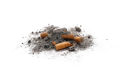 Cigarette stubs and ash isolated on white background