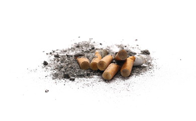 Cigarette stubs and ash isolated on white background