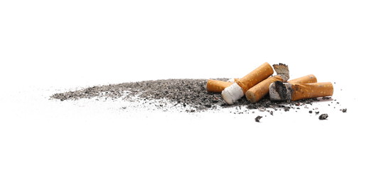 Cigarette stubs and ash isolated on white background