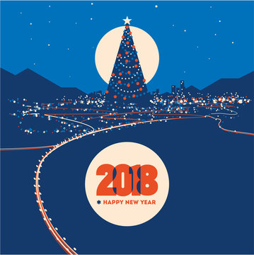 Big Christmas tree with city lights minimalistic vector illustration