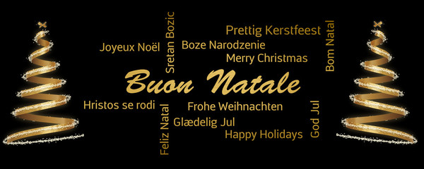 Greeting card with Italian Merry Christmas greetings translated in multiple international languages