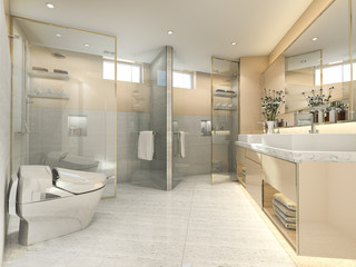 3d rendering cream modern vintage bathroom with luxury tile decor
