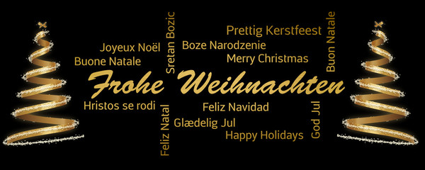 Greeting card with German Merry Christmas greetings translated in multiple international languages
