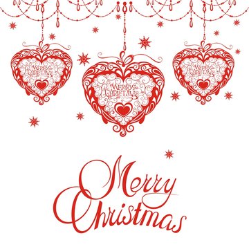 Merry Christmas card with red hearts