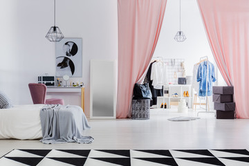 Dressing room with pink curtains