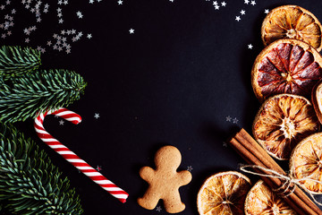 Cozy atmosphere, ginger sorrow, gingerbread man, cinnamon and cocoa with marshmallows