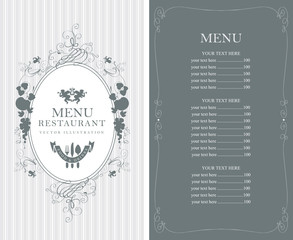 Vector menu for restaurant or cafe with floral ornaments and price list in Baroque style on striped background