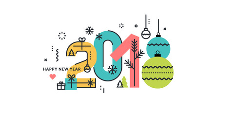 Flat line style New Year 2018 greeting card. Vector illustration concept for greeting cards, website and mobile banners, marketing material.