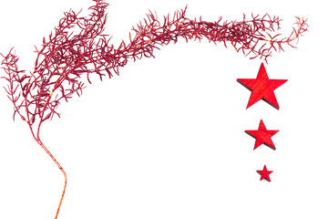 Red stars and glittering red twig on white background, copy space
