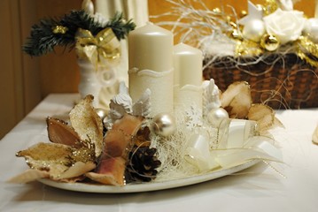 Christmas decoration - white candlestick with flower, cone and flasks