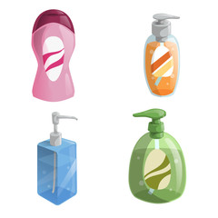 Cartoon trendy design different color bottles icons set. Shower gel and liquid soap vector illustrations.