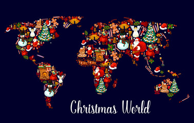 Christmas world map with New Year holiday symbols
