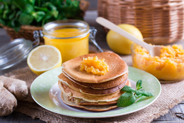 Healthy breakfast. Pancakes with lemon and honey