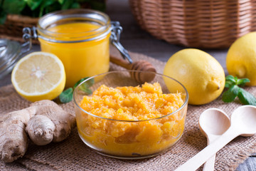 Healthy food mix of lemon, honey and ginger. Morning dieting healthy mix used on empty stomach