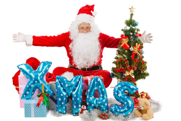 Santa Claus shows happy gesture, Christmas and New Year.