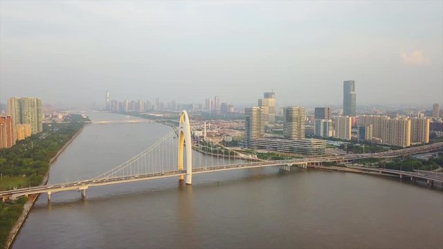 sunset time guangzhou cityscape pearl river liede bridge aerial panorama 4k china

