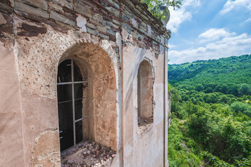 Fototapeta na wymiar Ruins of Catholic Assumption Church in former Chervonohorod town near Nyrkiv village, Ukraine