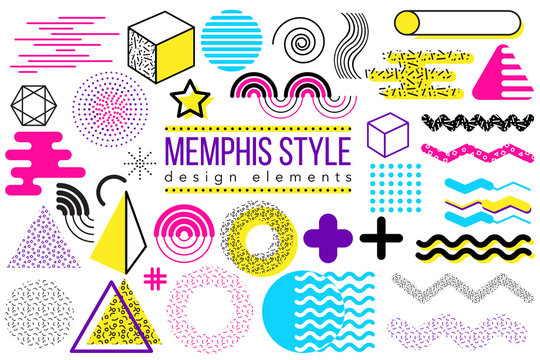 Abstract vector design elements set. Memphis style geometric shapes and forms collection to create poster, brochure, layout, template or presentation. Easy to combine and edit