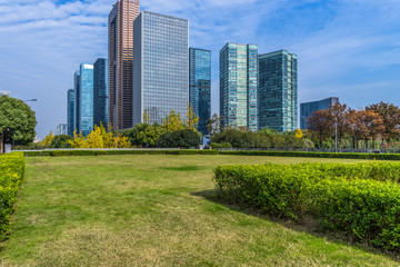Obraz premium The grass and the city in Shenzhen, China.