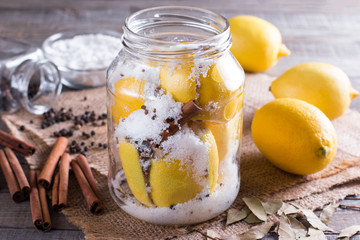 Preserved lemons with sea salt and spices. Moroccan cuisine.