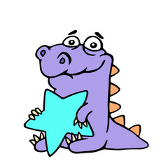 Cute dinosaur hugs a big blue star on white background. Vector illustration.