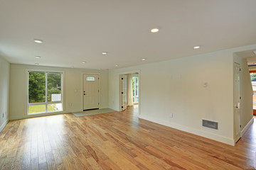 Empty entrance hall with polished hardwood floor and white walls