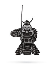Samurai standing front view ready to fight designed using black grunge brush graphic vector.