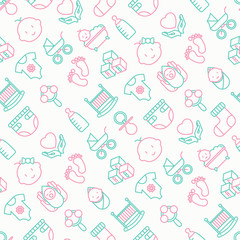 Baby care seamless pattern with thin line icons: newborn, diaper, pacifier, crib, footprints, bathtub with bubbles. Vector illustration for background.