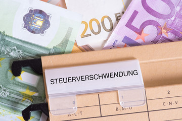 Euro Geldscheine und ein Ordner mit dem Aufdruck Steuerverschwendung