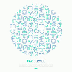 Car service concept in circle with thin line icons of mechanic, computer diagnostics, tools, wheel, battery, transmission, jack. Modern vector illustration for banner, web page, print media.