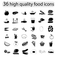 Food icon set. Black icons. Vector illustration for recipe, menu restaurant, kitchen interior design.