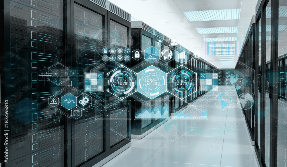 Poster Graph holograms flying over server room data center 3D rendering