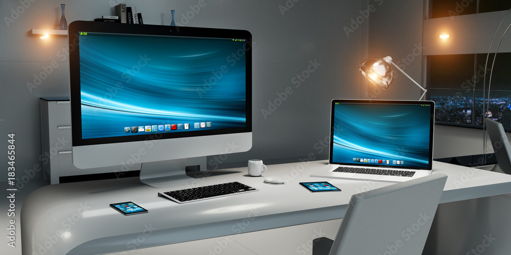 Poster Modern dark desk office interior with computer and devices 3D rendering