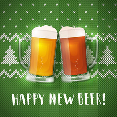 Happy new beer mugs poster on a christmas sweater background. Vector greeting card with two mugs of beer and traditional knit pattern. Hand drawn lettering congratulation.