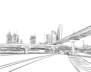 Obraz premium Dubai. United Arab Emirates. Hand drawn city sketch. Vector illustration.