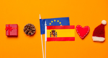 Spain and Europe Union flags with Christmas gifts