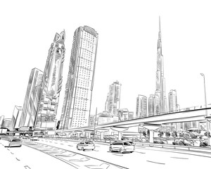 Obraz premium Dubai. United Arab Emirates. Hand drawn city sketch. Vector illustration.