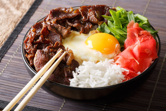 Japanese gyudon beef with rice, egg, ginger and onion close-up. horizontal