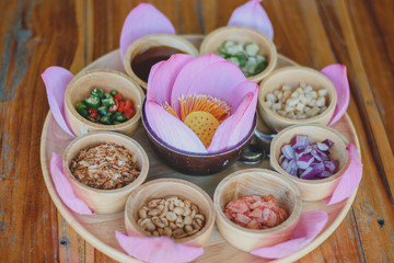Red lotus leaf and topping is Thai food
