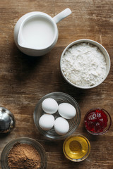 top view of ingredients for pastry on wooden table