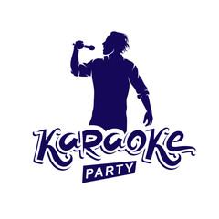 Happy man with microphone sings karaoke, live music concert vector invitation leaflet. Karaoke party writing.