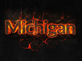 Michigan Fire text flame burning hot lava explosion background.