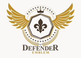 Heraldic sign made using vector vintage elements, eagle wings and monarch crown