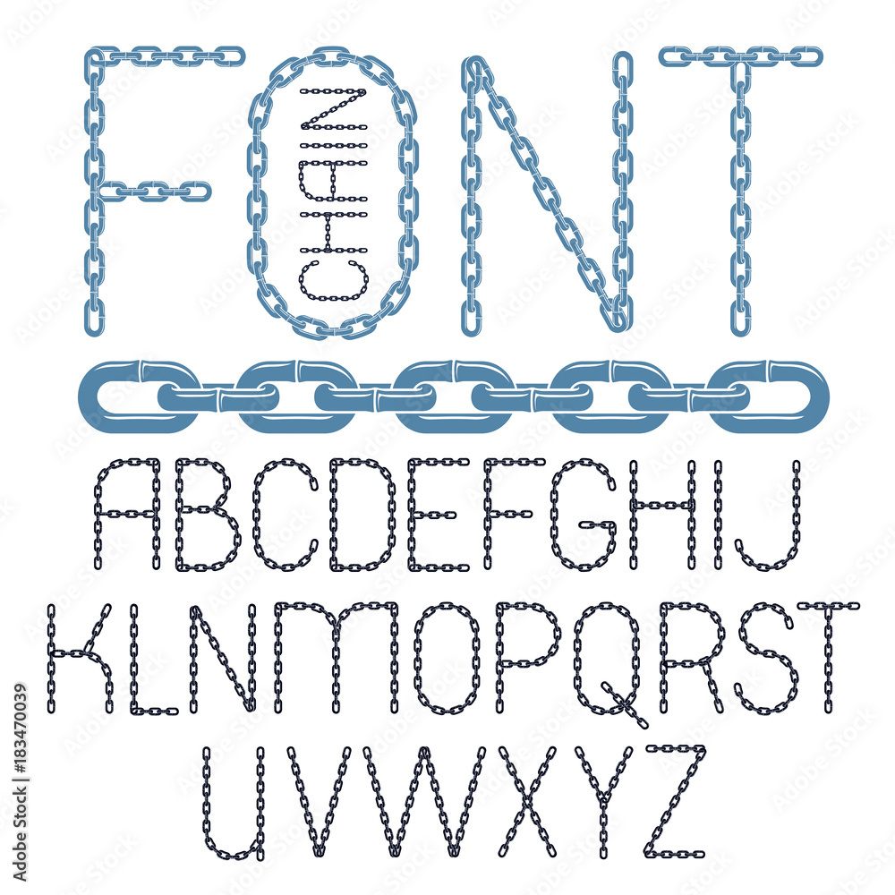 Poster set of vector english alphabet letters isolated. capital decorative font created using chrome chain,