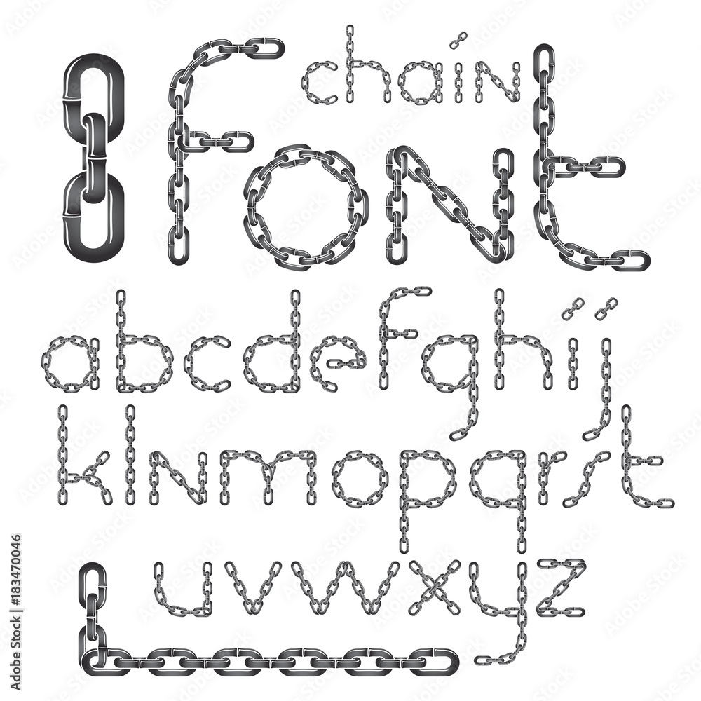 Poster vector english alphabet letters collection. lower case decorative font created using connected chain